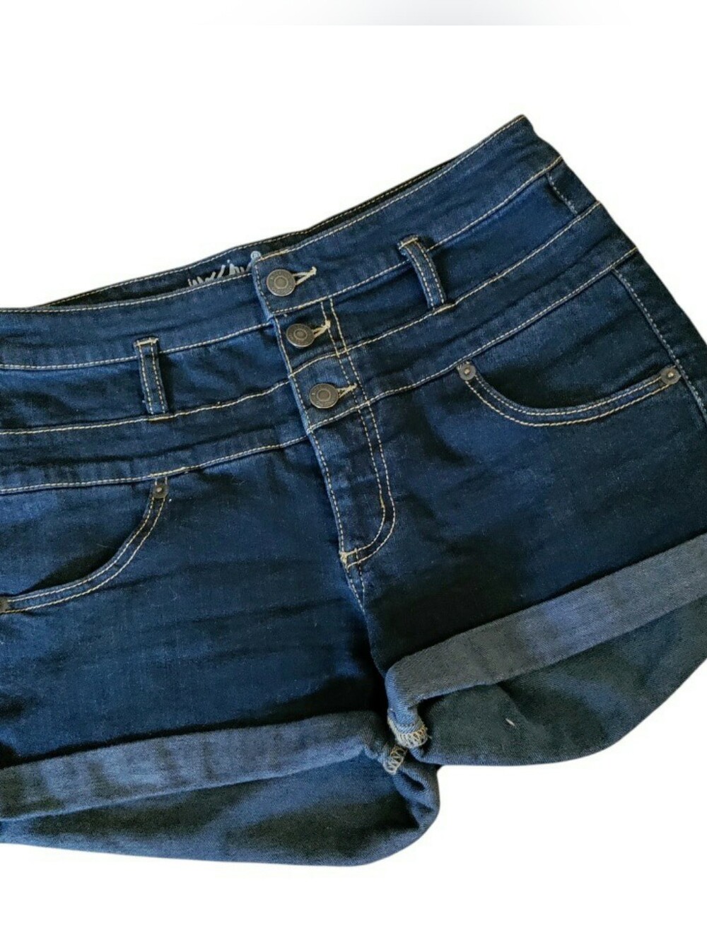 Mossimo High Rise Stretch Denim Shorts Indigo Denim Beach Festival Button Fly